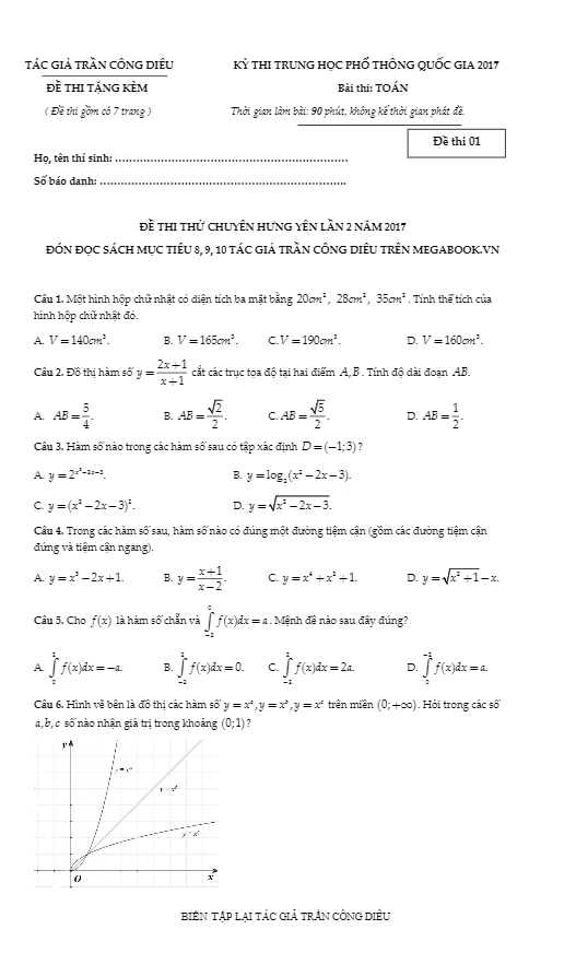 đề thi thử thpt quốc gia 2017 môn toán trường thpt chuyên hưng yên lần 2