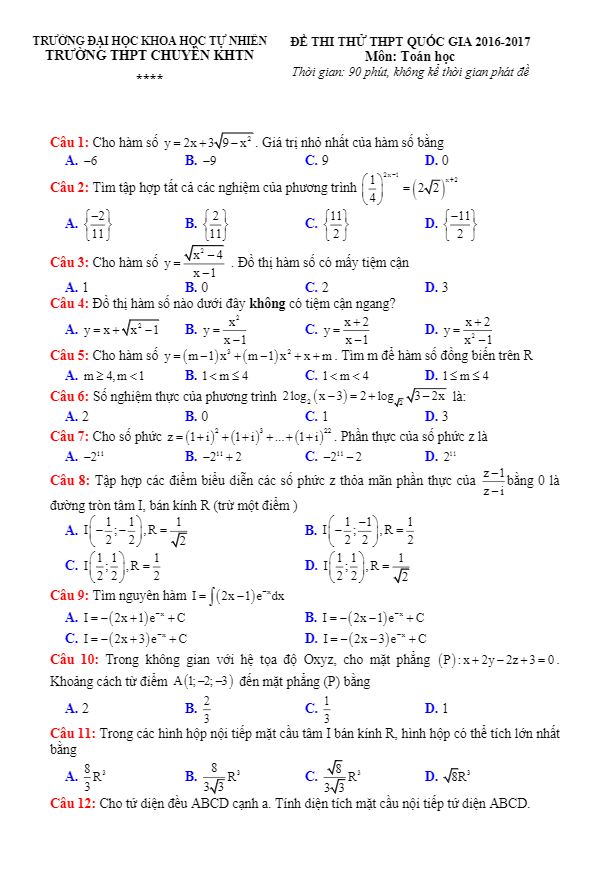 đề thi thử thpt quốc gia 2017 môn toán trường thpt chuyên khtn – hà nội lần 2
