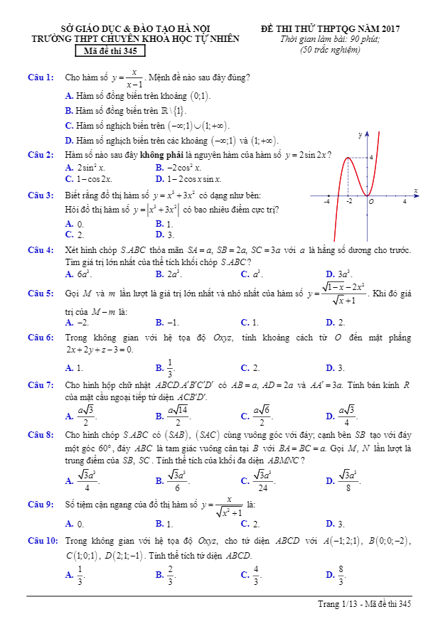 đề thi thử thpt quốc gia 2017 môn toán trường thpt chuyên khtn hà nội lần 3