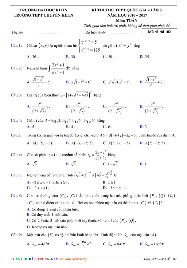 đề thi thử thpt quốc gia 2017 môn toán trường thpt chuyên khtn – hà nội lần 5
