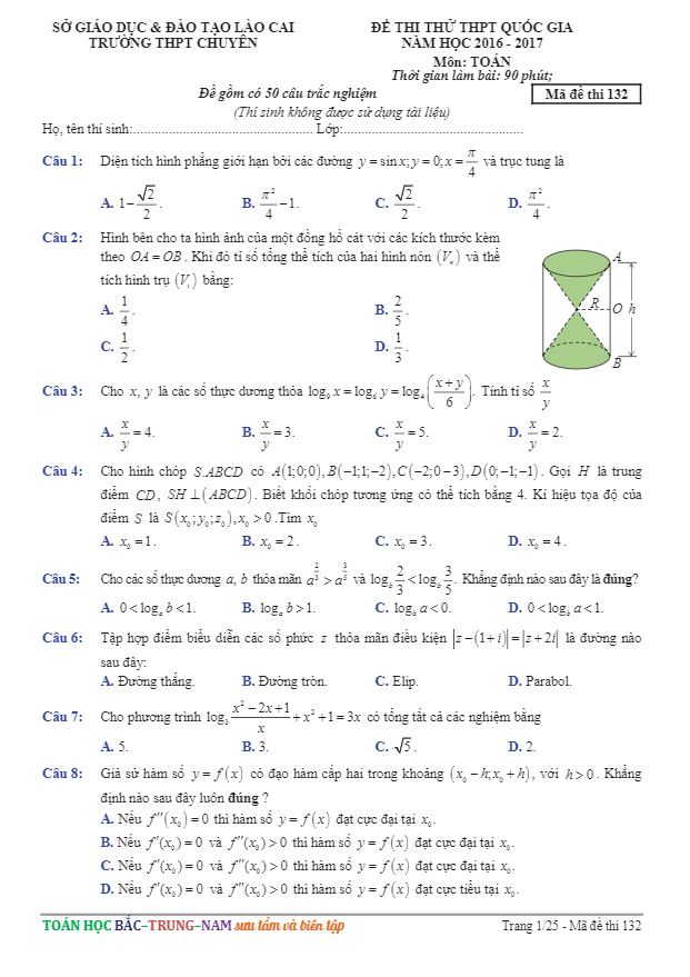 đề thi thử thpt quốc gia 2017 môn toán trường thpt chuyên lào cai