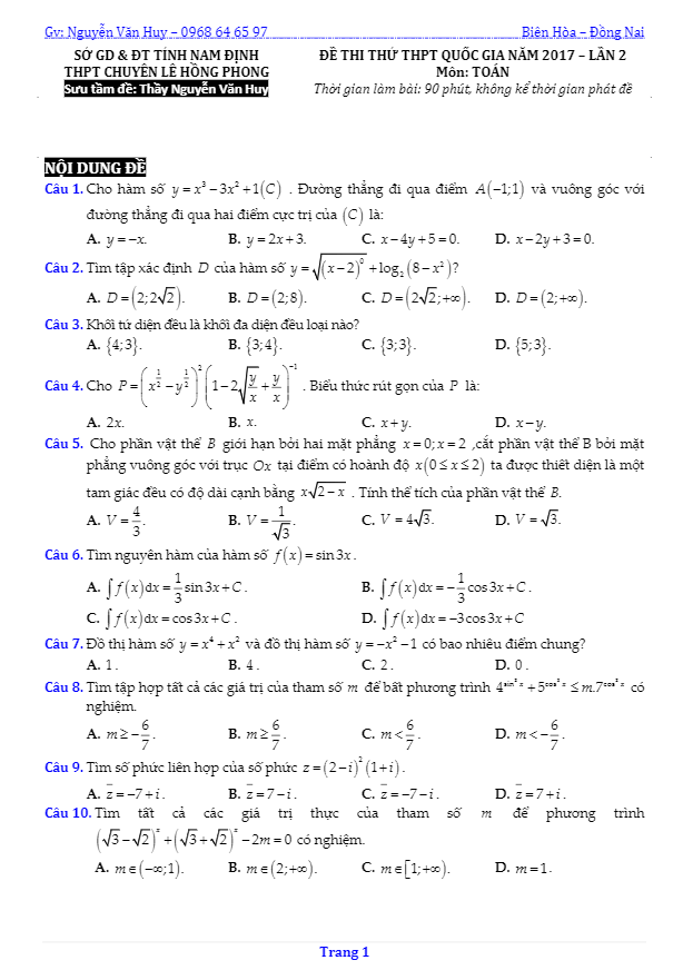 đề thi thử thpt quốc gia 2017 môn toán trường thpt chuyên lê hồng phong – nam định lần 2