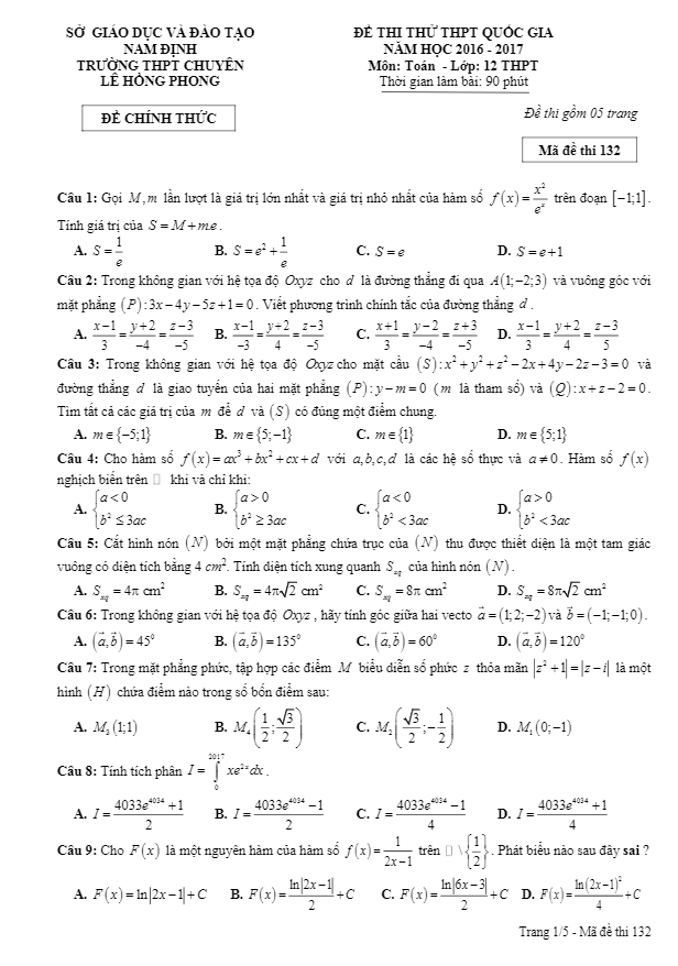 đề thi thử thpt quốc gia 2017 môn toán trường thpt chuyên lê hồng phong – nam định lần 3