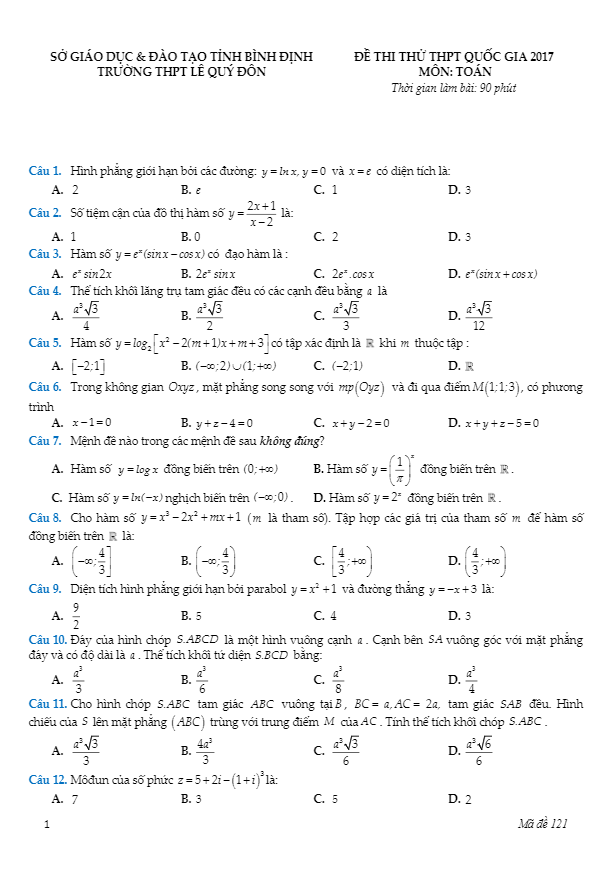 đề thi thử thpt quốc gia 2017 môn toán trường thpt chuyên lê quý đôn – bình định