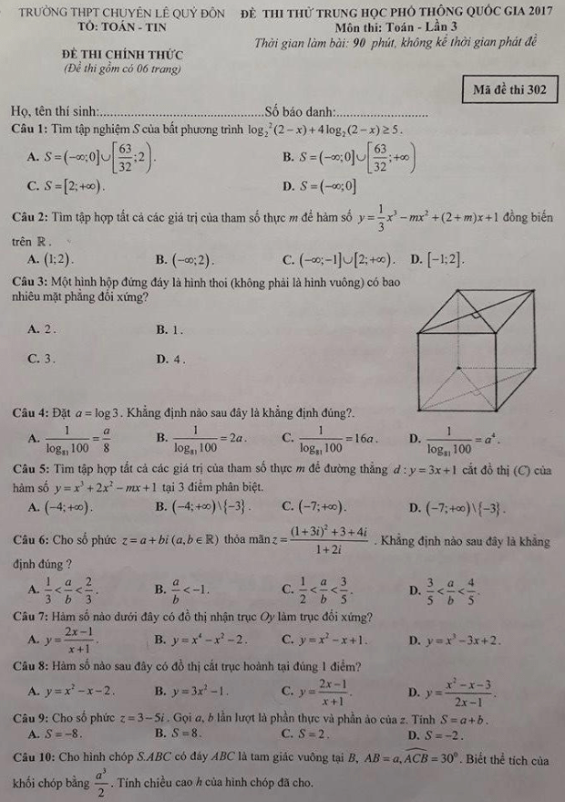 đề thi thử thpt quốc gia 2017 môn toán trường thpt chuyên lê quý đôn – lai châu lần 3