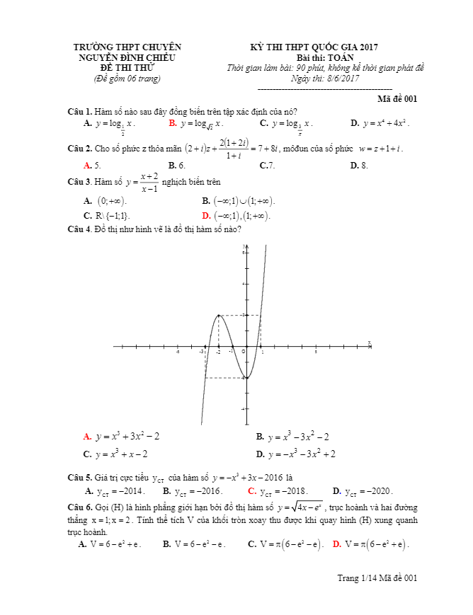 đề thi thử thpt quốc gia 2017 môn toán trường thpt chuyên nguyễn đình chiểu – đồng tháp lần 2