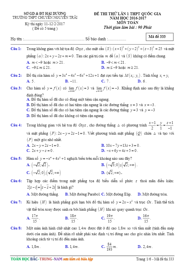 đề thi thử thpt quốc gia 2017 môn toán trường thpt chuyên nguyễn trãi – hải dương lần 1