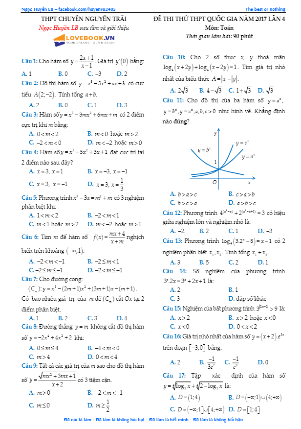 đề thi thử thpt quốc gia 2017 môn toán trường thpt chuyên nguyễn trãi – hải dương lần 4