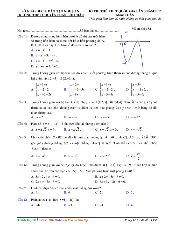 đề thi thử thpt quốc gia 2017 môn toán trường thpt chuyên phan bội châu – nghệ an lần 3