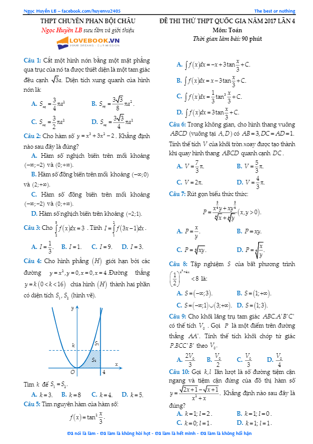 đề thi thử thpt quốc gia 2017 môn toán trường thpt chuyên phan bội châu – nghệ an lần 4