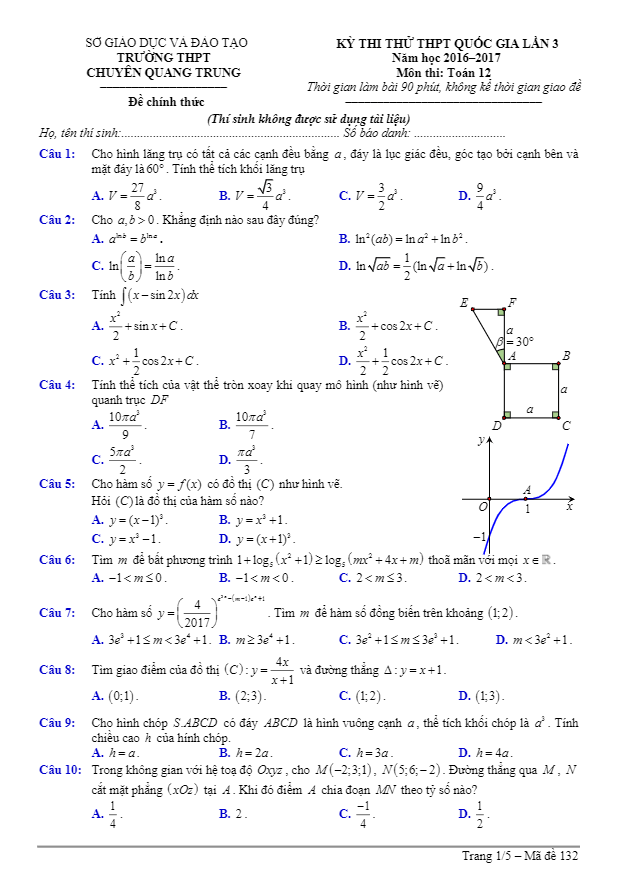 đề thi thử thpt quốc gia 2017 môn toán trường thpt chuyên quang trung – bình phước lần 3