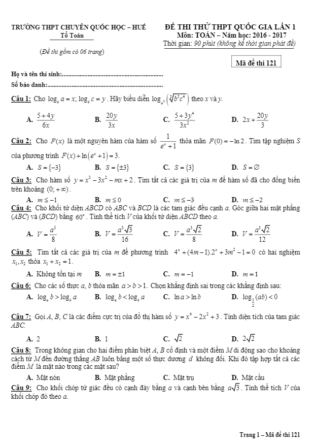 đề thi thử thpt quốc gia 2017 môn toán trường thpt chuyên quốc học huế lần 1