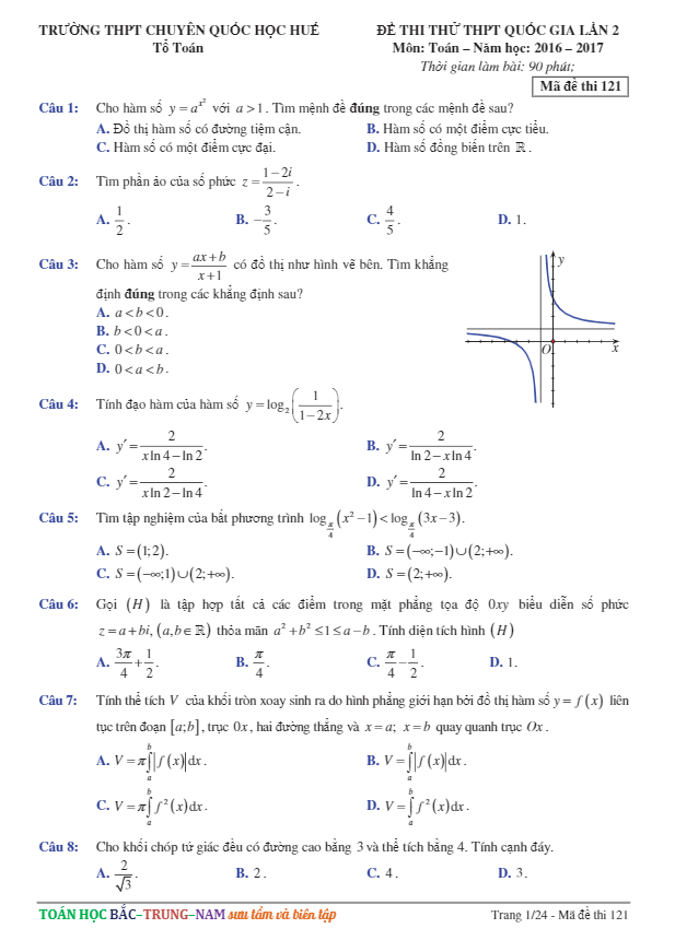 đề thi thử thpt quốc gia 2017 môn toán trường thpt chuyên quốc học huế lần 2