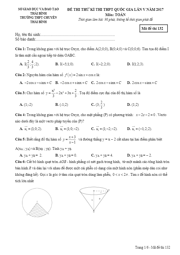 đề thi thử thpt quốc gia 2017 môn toán trường thpt chuyên thái bình lần 5