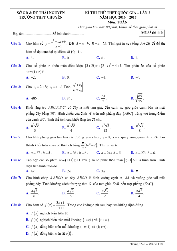 đề thi thử thpt quốc gia 2017 môn toán trường thpt chuyên thái nguyên lần 2