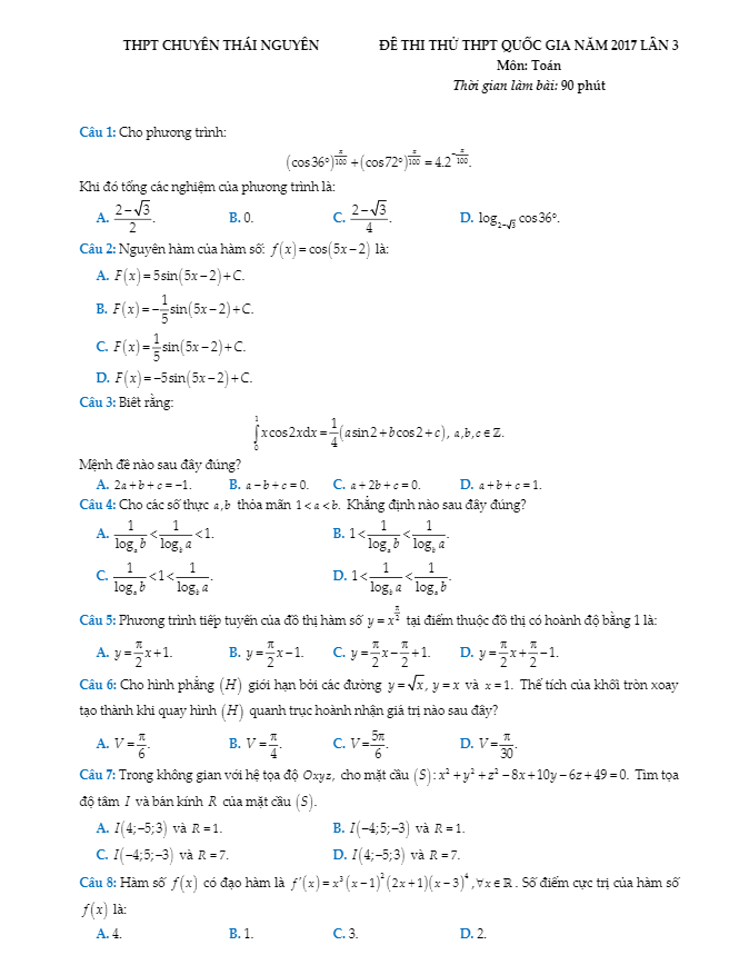 đề thi thử thpt quốc gia 2017 môn toán trường thpt chuyên thái nguyên lần 3