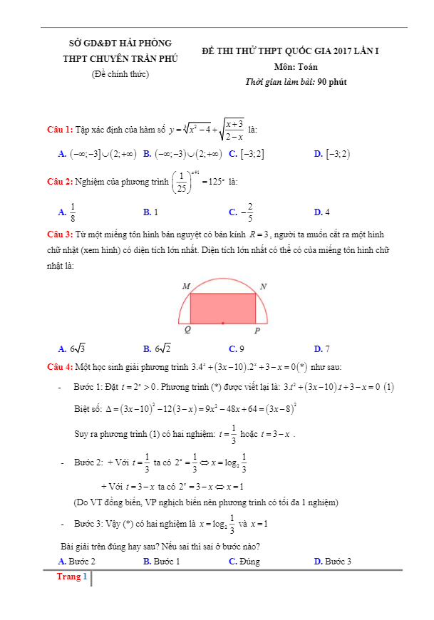 đề thi thử thpt quốc gia 2017 môn toán trường thpt chuyên trần phú – hải phòng lần 1
