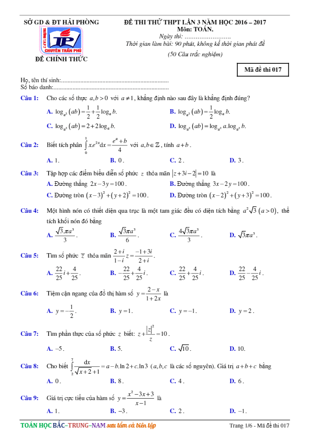 đề thi thử thpt quốc gia 2017 môn toán trường thpt chuyên trần phú – hải phòng lần 3