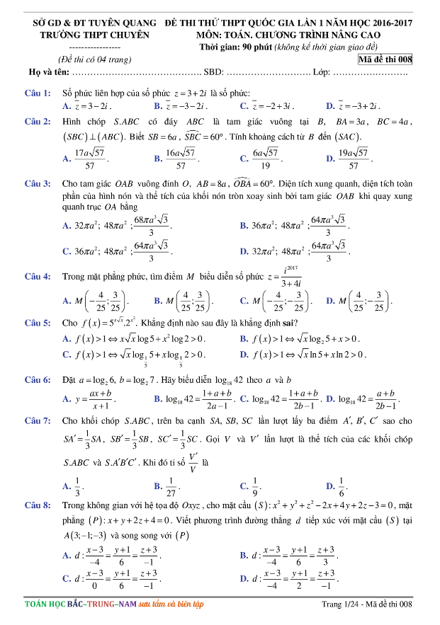 đề thi thử thpt quốc gia 2017 môn toán trường thpt chuyên tuyên quang lần 1
