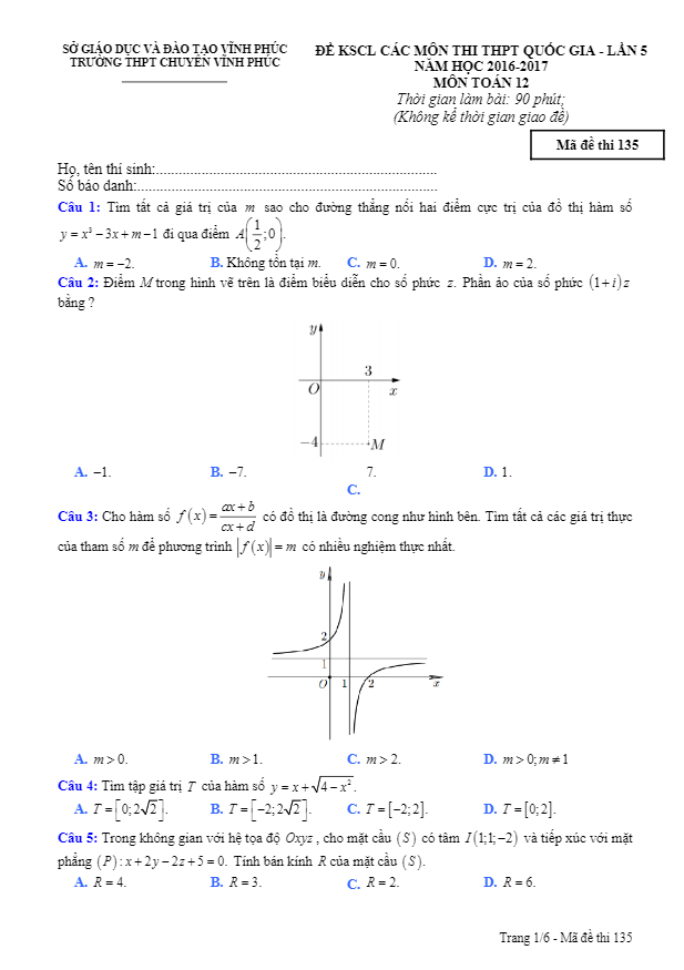 đề thi thử thpt quốc gia 2017 môn toán trường thpt chuyên vĩnh phúc lần 5