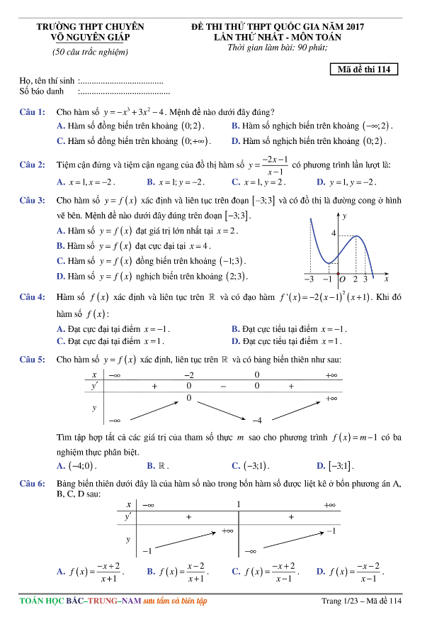 đề thi thử thpt quốc gia 2017 môn toán trường thpt chuyên võ nguyên giáp – quảng bình lần 1