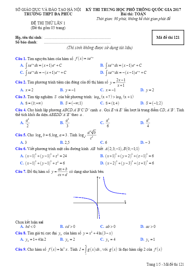 đề thi thử thpt quốc gia 2017 môn toán trường thpt đa phúc – hà nội lần 1