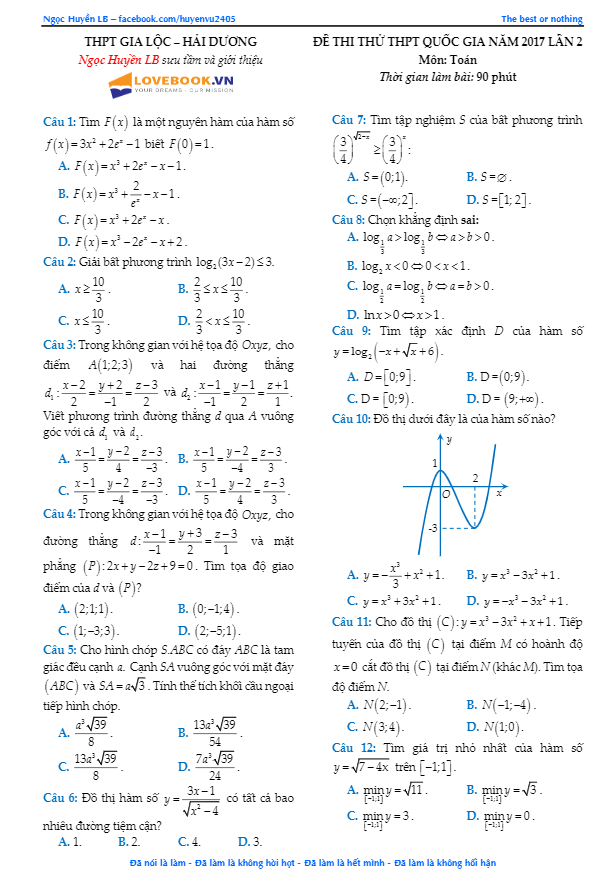 đề thi thử thpt quốc gia 2017 môn toán trường thpt gia lộc – hải dương lần 2