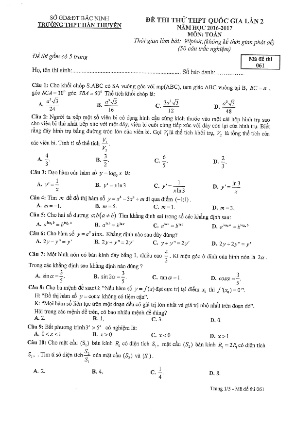 đề thi thử thpt quốc gia 2017 môn toán trường thpt hàn thuyên – bắc ninh lần 2