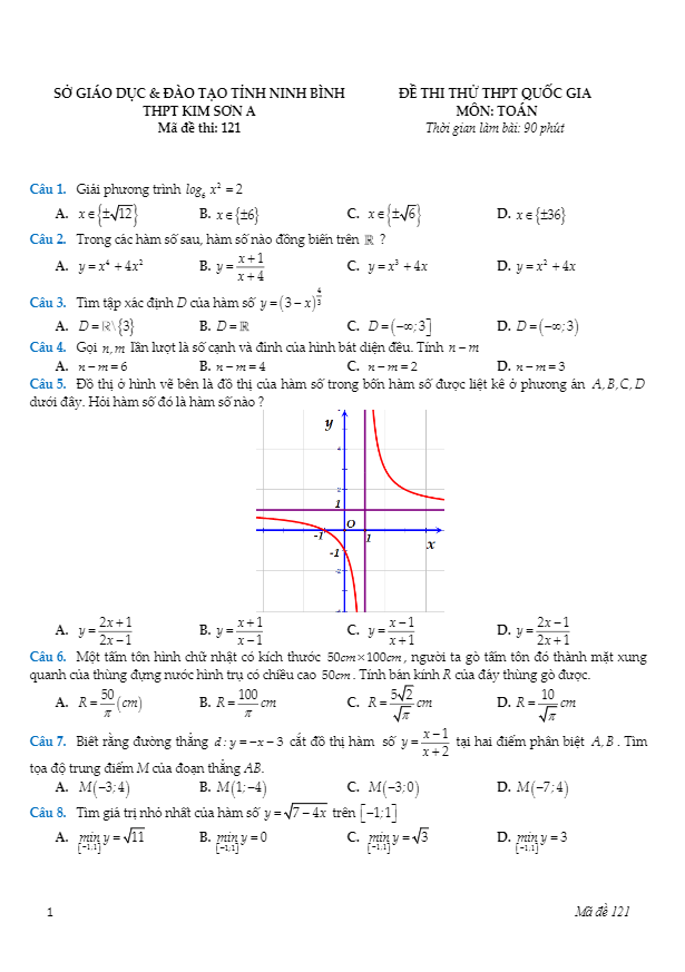 đề thi thử thpt quốc gia 2017 môn toán trường thpt kim sơn a – ninh bình