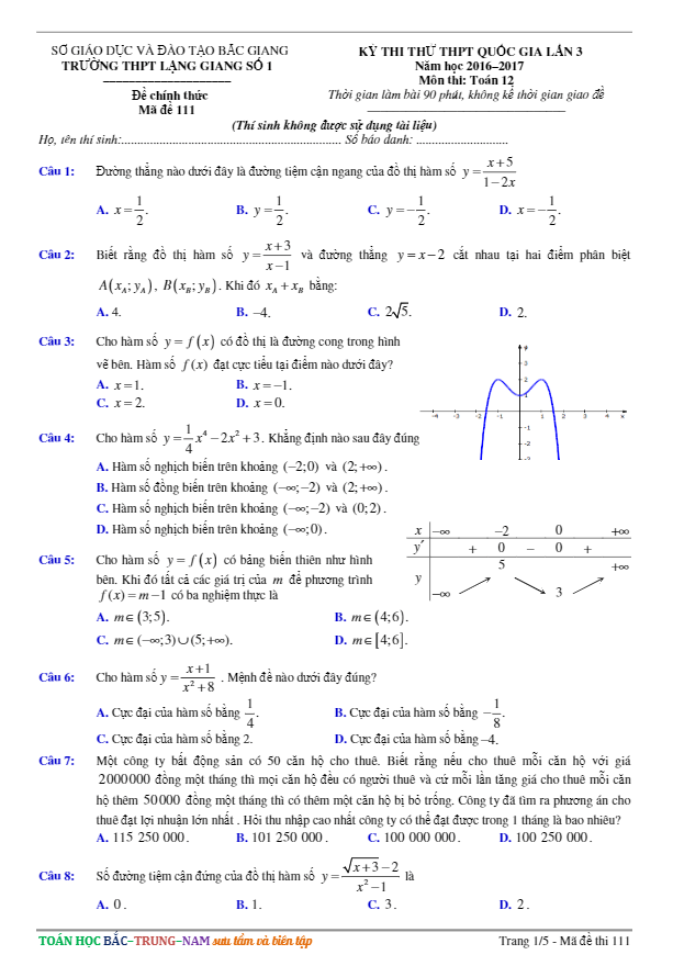 đề thi thử thpt quốc gia 2017 môn toán trường thpt lạng giang 1 – bắc giang lần 3