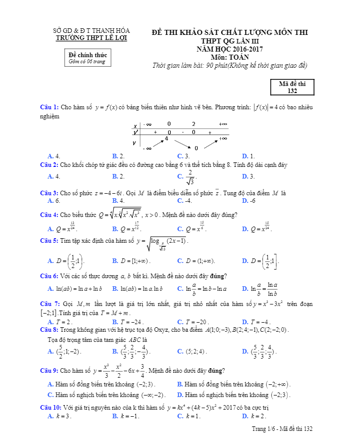 đề thi thử thpt quốc gia 2017 môn toán trường thpt lê lợi – thanh hóa lần 3
