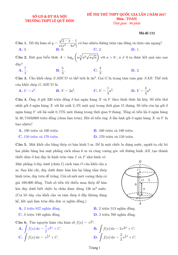 đề thi thử thpt quốc gia 2017 môn toán trường thpt lê quý đôn – hà nội lần 2
