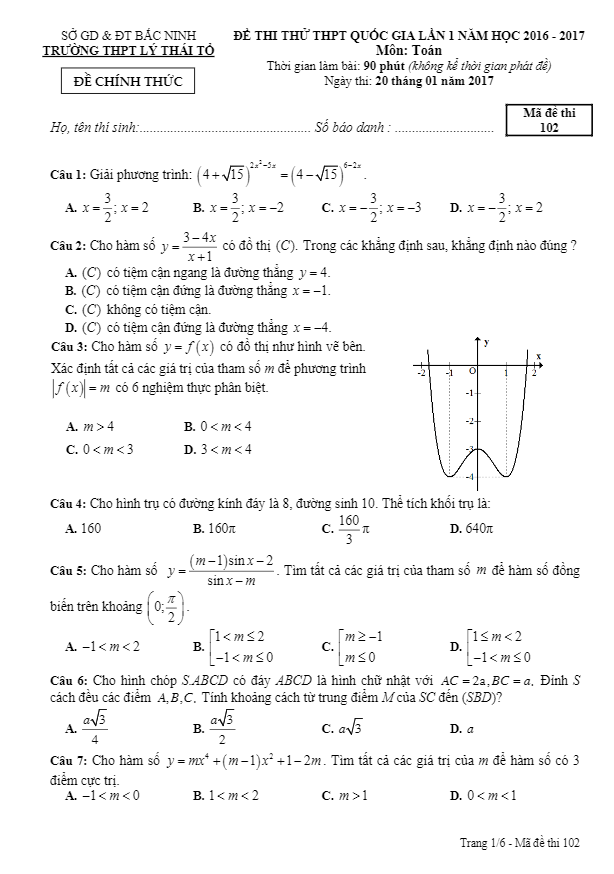 đề thi thử thpt quốc gia 2017 môn toán trường thpt lý thái tổ – bắc ninh lần 1