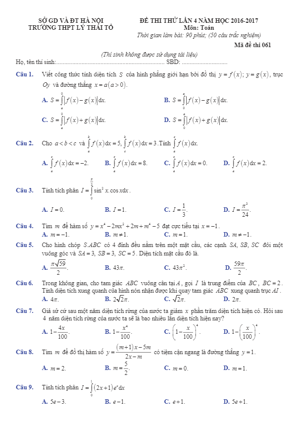 đề thi thử thpt quốc gia 2017 môn toán trường thpt lý thái tổ – hà nội lần 4