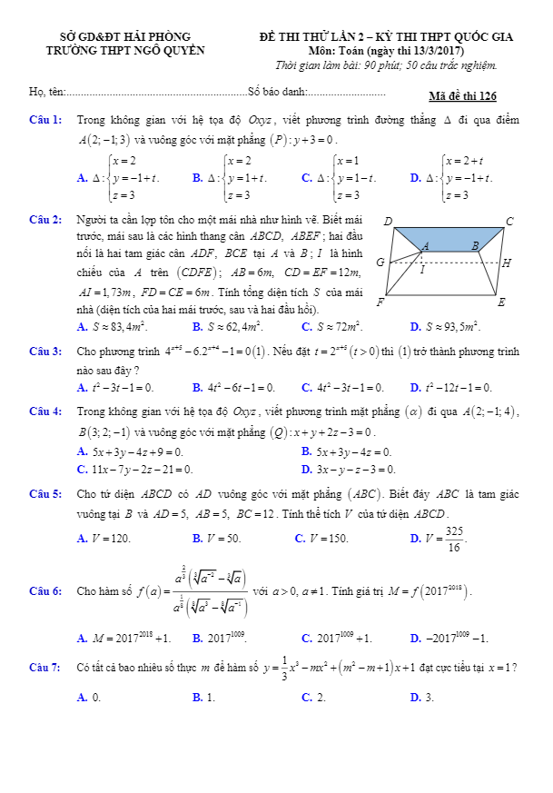 đề thi thử thpt quốc gia 2017 môn toán trường thpt ngô quyền – hải phòng lần 2