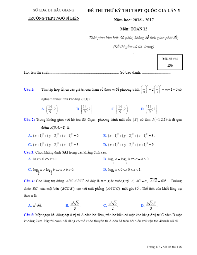 đề thi thử thpt quốc gia 2017 môn toán trường thpt ngô sĩ liên – bắc giang lần 3