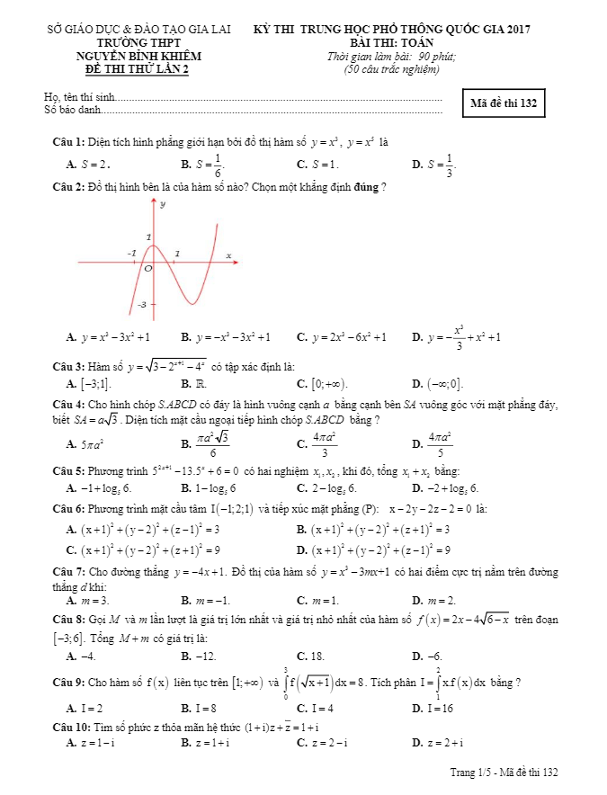 đề thi thử thpt quốc gia 2017 môn toán trường thpt nguyễn bỉnh khiêm – gia lai lần 2