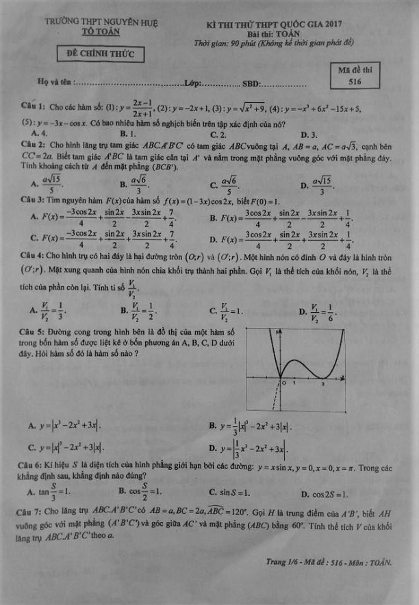 đề thi thử thpt quốc gia 2017 môn toán trường thpt nguyễn huệ – tt. huế lần 2