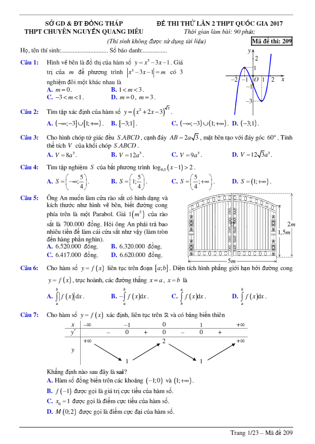 đề thi thử thpt quốc gia 2017 môn toán trường thpt nguyễn quang diêu – đồng tháp lần 2