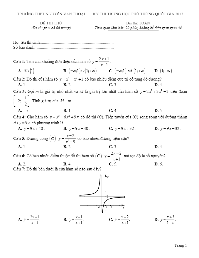 đề thi thử thpt quốc gia 2017 môn toán trường thpt nguyễn văn thoại – an giang
