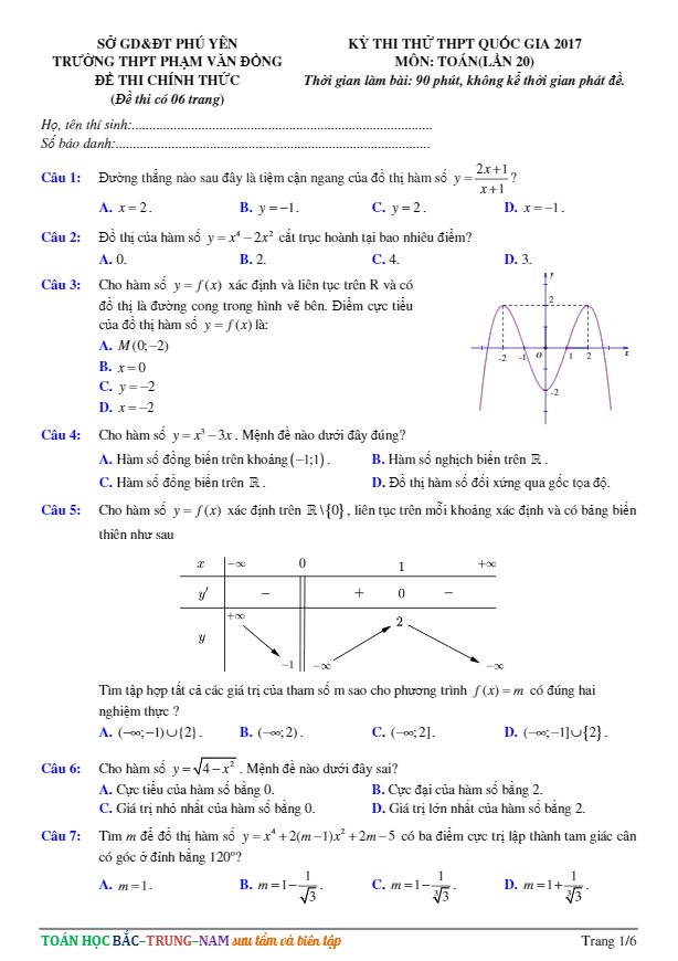 đề thi thử thpt quốc gia 2017 môn toán trường thpt phạm văn đồng – phú yên