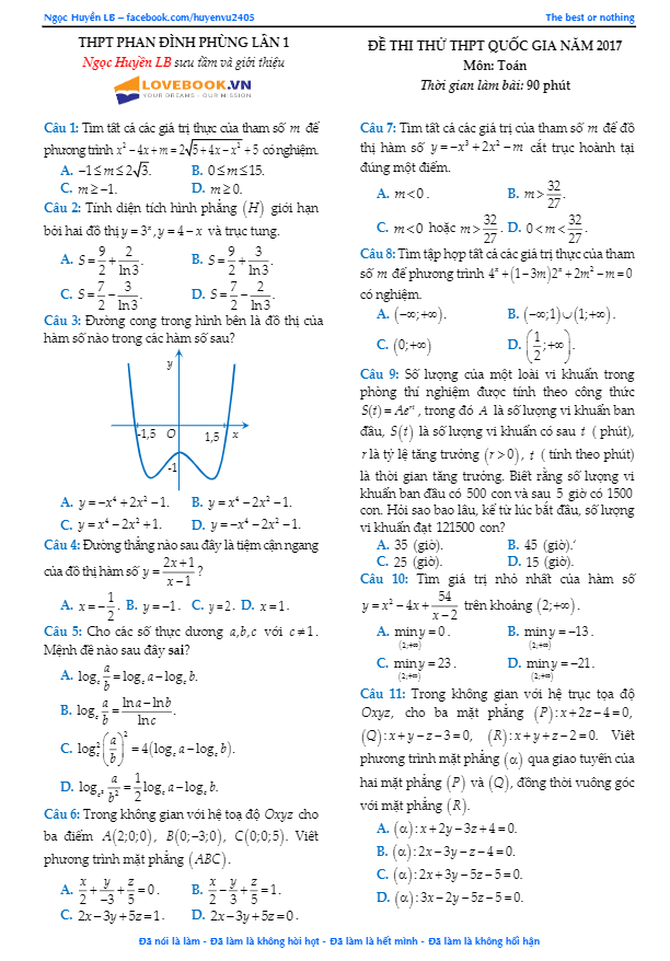đề thi thử thpt quốc gia 2017 môn toán trường thpt phan đình phùng – hà nội