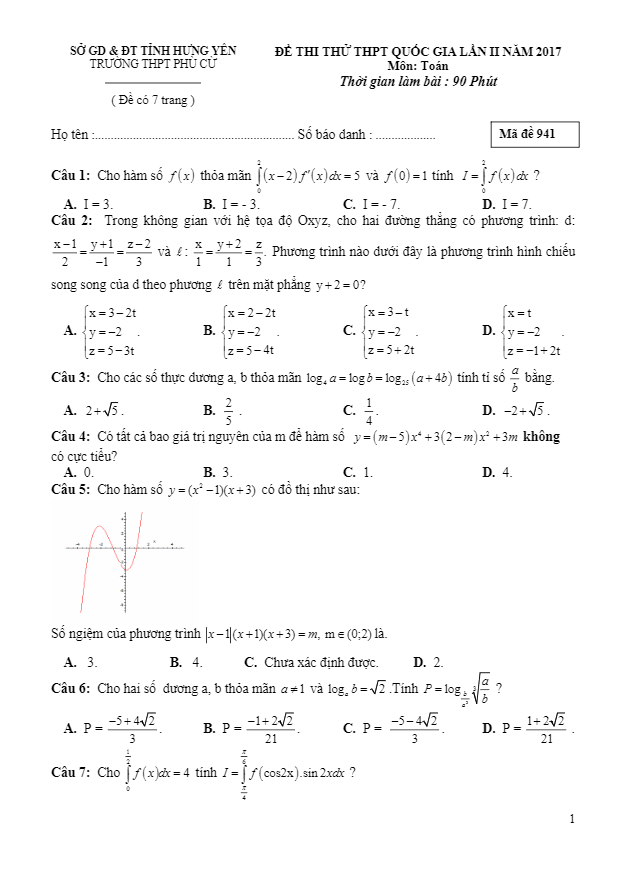 đề thi thử thpt quốc gia 2017 môn toán trường thpt phù cừ – hưng yên lần 2