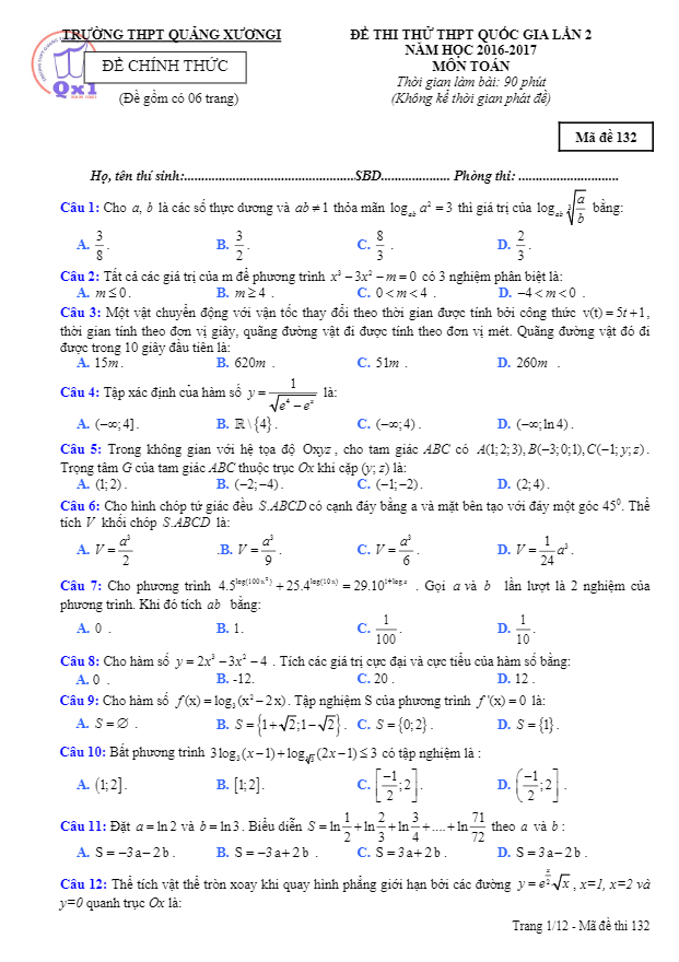 đề thi thử thpt quốc gia 2017 môn toán trường thpt quảng xương 1 – thanh hóa lần 2