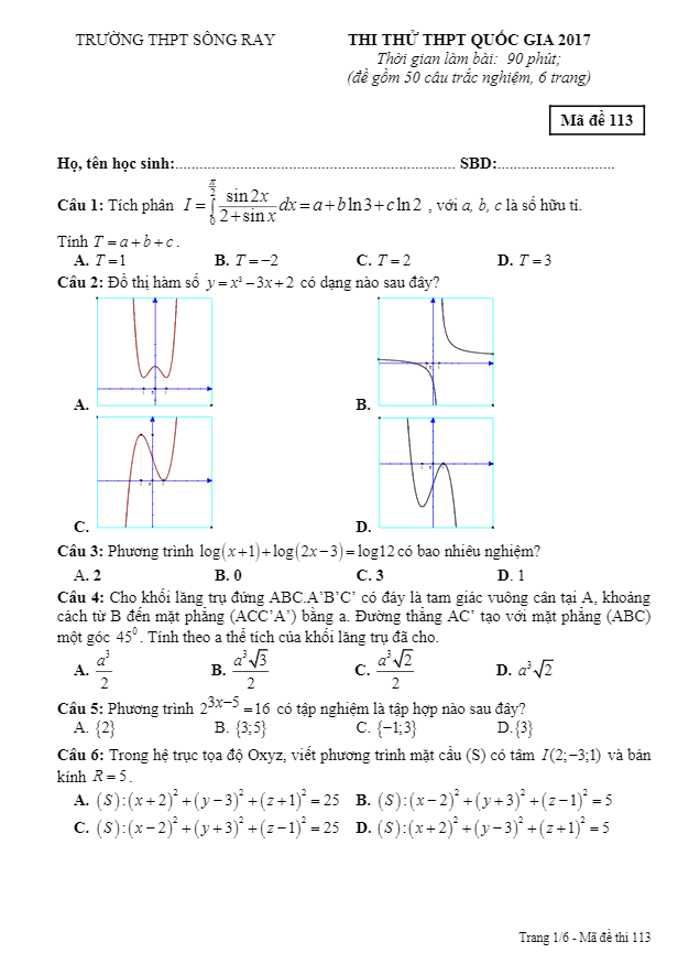 đề thi thử thpt quốc gia 2017 môn toán trường thpt sông ray – đồng nai
