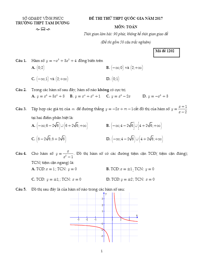 đề thi thử thpt quốc gia 2017 môn toán trường thpt tam dương – vĩnh phúc