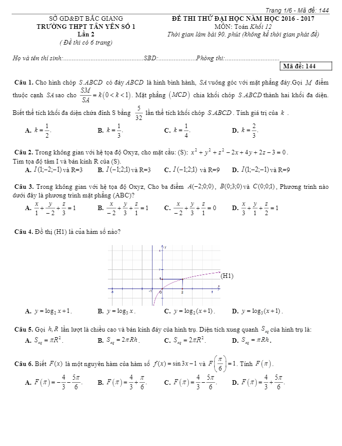 đề thi thử thpt quốc gia 2017 môn toán trường thpt tân yên 1 – bắc giang