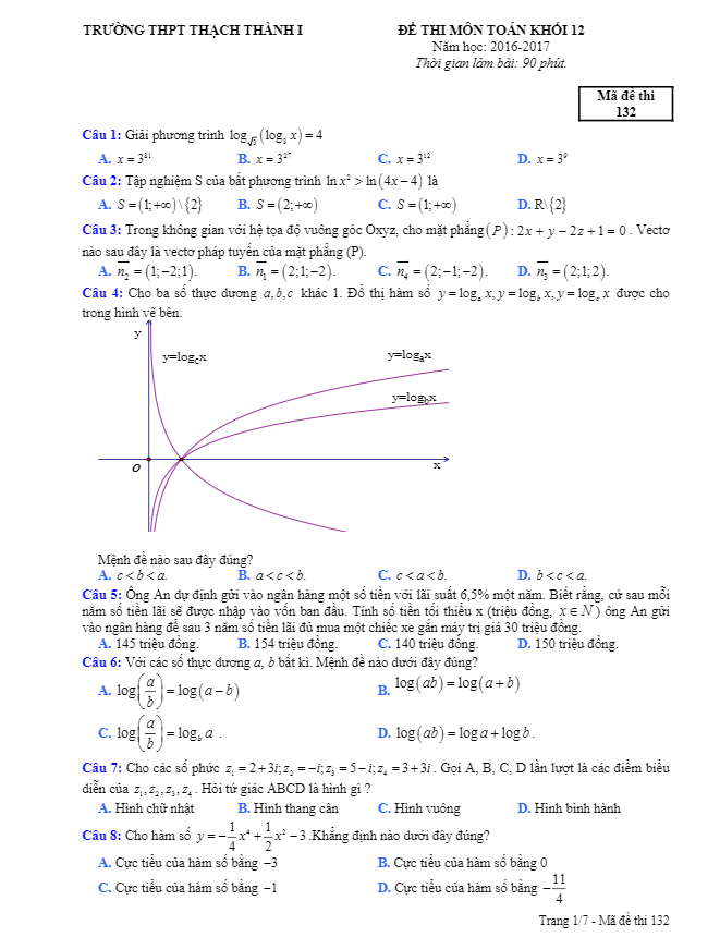 đề thi thử thpt quốc gia 2017 môn toán trường thpt thạch thành 1 – thanh hóa lần 3