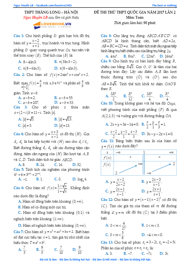 đề thi thử thpt quốc gia 2017 môn toán trường thpt thăng long – hà nội lần 2