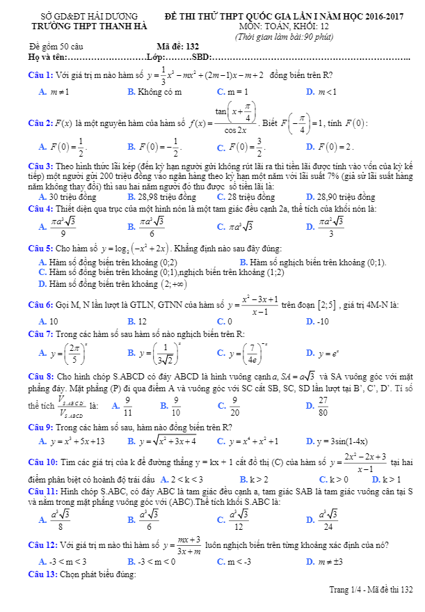 đề thi thử thpt quốc gia 2017 môn toán trường thpt thanh hà – hải dương lần 1